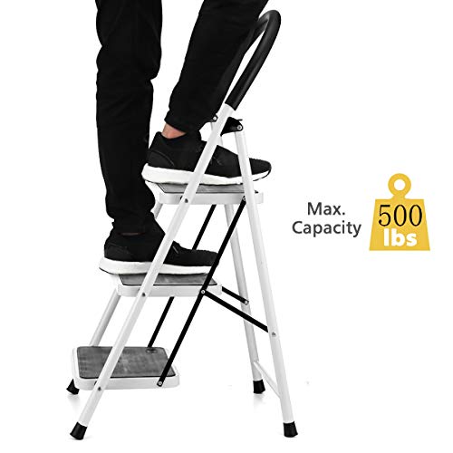 KINGSO 3 Step Ladder Folding Step Stool with Steel Wide Anti-Slip Pedal and Handgrip Anti-Slip, Lightweight 350lbs Portable Steel Step Stool, (500lbs Capacity)