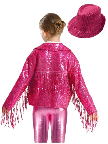 Kids Girls Sparkly Jazz Dance Outfit Tassel Jacket Long Sleeve Open Front Coat Outwear with Sequin Hat2