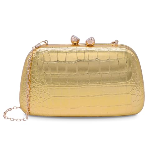 bwszrosa Bolso de mano para mujer, bolso de noche, bolso bandolera de piel sintética con estampado de cocodrilo metálico, dorado