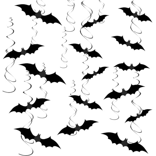 32 Pcs Halloween Bat Hanging Swirls Decorations Black Bat Ceiling Streamers with Foil Spirals Halloween Party Decor for Ceiling Window Porch Classroom Office Haunted House