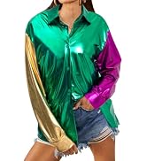 TAOHONG Mardi Gras Sparkly Blouse Women Color Block Shirts Mardi Gras Shirt Button Up Long Sleeve...