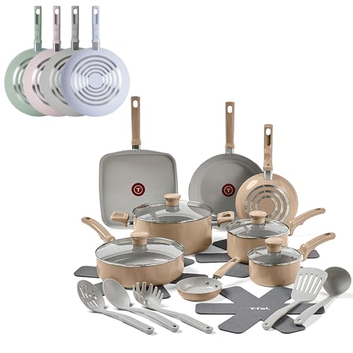 Image of T-Fal Refresh Ceramic Nonstick Cookware Set, 20-Piece, Oven Safe to 350°F, Stockpot, Ceramic Pots and Pans Set, Frying Pans, Griddle, Utensils, Sand Beige