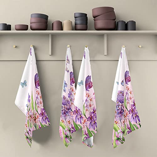 Slhkpns Purple Flower Butterfly Kitchen Dish Towel Set Of 4,Floral Sping Summer 18X28In Absorbent Dishcloth Reusable Cleaning Cloths For Household Use #TOP4