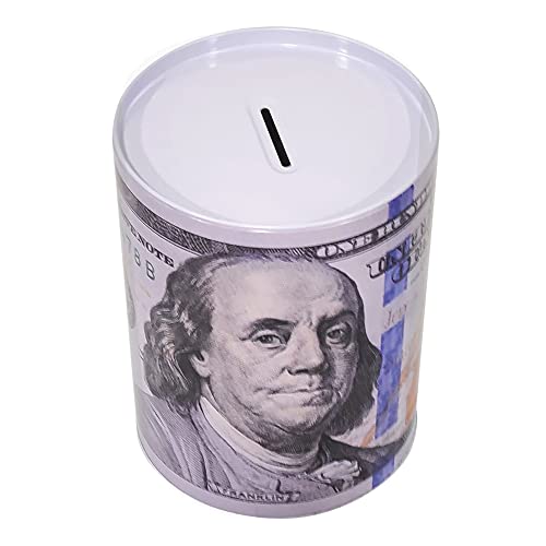 6.2" Inch X 4.5" Reusable 100 Dollar Bill Piggy Bank Tall Coin Money Saving Currency Benjamin Franklin Note Tin Can Banknote Jar (1PC)