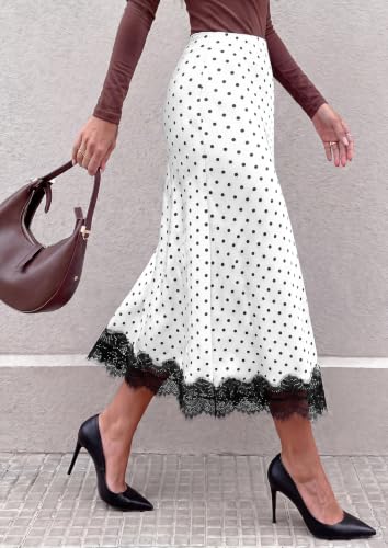 PRETTYGARDEN Women's Flowy Satin Midi A Line Skirt, Polka Dot White,XL
