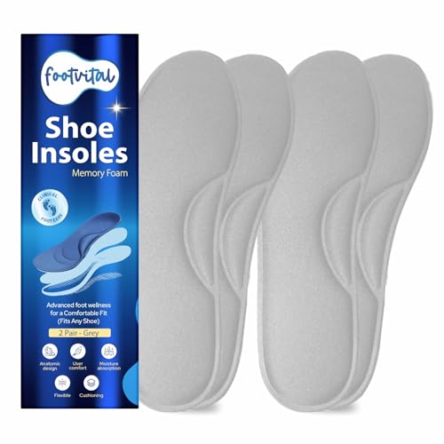 Image of Footvital Memory Foam Shoe Insoles for Men and Women | Soft Cushioned Inserts for Long Standing and Walking | Supports Heel and Arch | Shock Absorbing | Moisture Absorbing | Lightweight Washable Insoles for All Shoes | 2 Pairs | Grey | Size 8