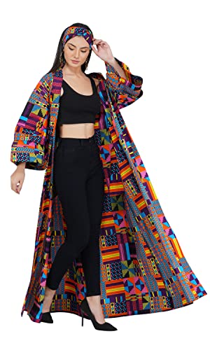 Women\'s Long Kimono Robe, 2 Deep Pockets with Matching Headwrap, African Trench Coat, Kente Cardigan Jacket Afrocentric