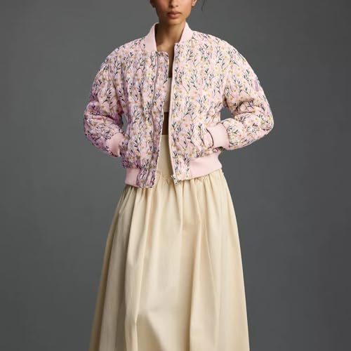 Shiyifa Women's Light Pink Embroidered Daisy Cropped Bomber Jacket – Cozy, Stylish & Fun! - Image 2