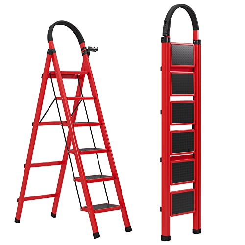 JOISCOPE 6 Step Ladder, Folding Step Stool with Upgraded Widening and Thicken Non-Slip Pedals, with armrests and Tool Holders, 250 Lbs Capacity, Portable Stepladder for Home and Courtyard, Red.