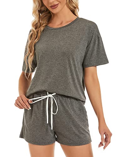 Image of LOCUBE Women's Pajama Set Soft Comfy 2-Piece Short Sleeve Lounge Sleepwear with Drawstring Shorts and Pockets