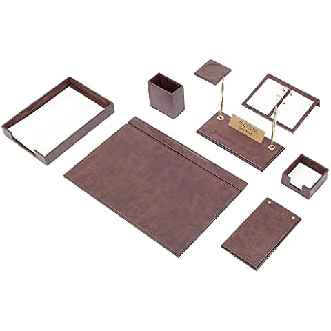 MOOGCO Brown Leather Desk Set - Desk Pad - Note Paper Holder -Pen Holder - Leather Coaster -Desk Accessories-Desk Organizer - Office Desk Accessories - Desktop Storage,Brown (10PCS-SINGLETRAY) Cover