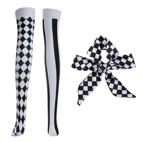 HDGSAFD 1 Par De Medias De Damas Y 1 Pieza De Corbata A Cuadros, Accesorios De Juego De Roles, Accesorios para Disfraces De Fiesta, Accesorios para Mujeres.