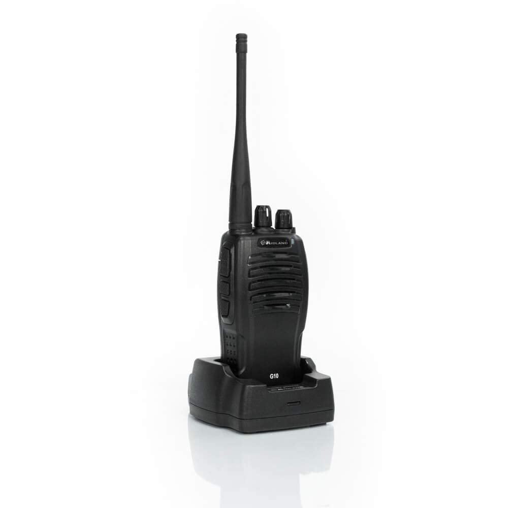 Midland G10 Radio Ricetrasmittente Walkie Talkie 8 Canali PMR446 e 8 Canali Preimpostati, 1 Ricetrasmettitore, Batterie Ricaricabili Li-Ion 1200 mAh, Caricabatterie da Tavolo e Adattatore da Muro