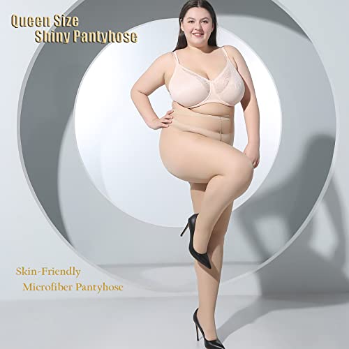 Image of Plus Size Durable Tights - 2 Pack 30D Shiny Queen Size Pantyhose, for Chubby Women, Girls