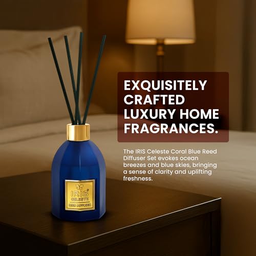 Image of IRIS Coral Blue Reed Diffuser Set - Premium Aromatherapy Home Fragrance for Relaxation, Spa Ambience, Office, Long-Lasting Fresh Aroma, Perfect for Gifting