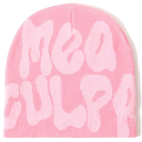 DadaFash Beanie Y2k Hat Acrylic Knit Skull Cap MEA Culpa Graphic Beanies Design Winter Warm Hats for Women Men Teenagers Pink Pink