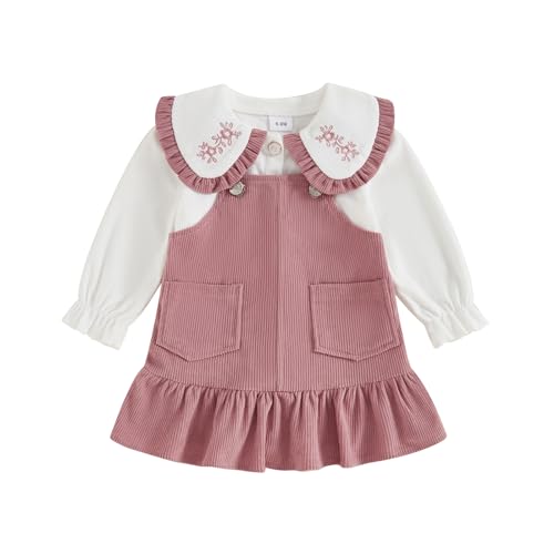 Gaono Baby Girl Fall Winter Clothes Overall Dress Long Sleeve Button Doll Collar Shirt Suspender Skirts Cute Toddler Outfit (Pink, 12-18 Months)