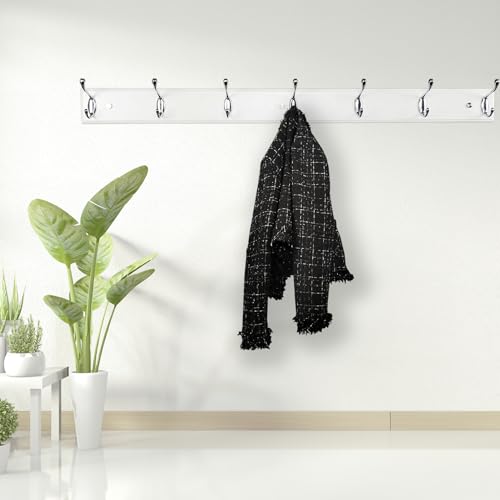 lomejii Long Wooden Wall Coat Rack White Wood 7 Silver Hooks, 90 cm, Strong Wall Coat Hook Rail for Coat Hat, Bag - Image 3