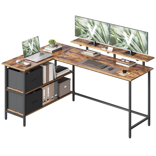VASAGLE Escritorio en Forma de L, Esquinero, con 2 Amplios Cajones, Mesa con Soporte para Monitor, para Esquina, con Estante Ajustable, para Oficina Casa, 155 x 105 cm, Marrón Rústico LWD129K101