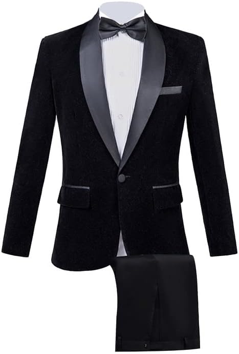 Men's 2 Piece Suits Velvet Blazer Shawl Lapel Solid Tuxedo Slim Fit Stylish（Jacket Pants）