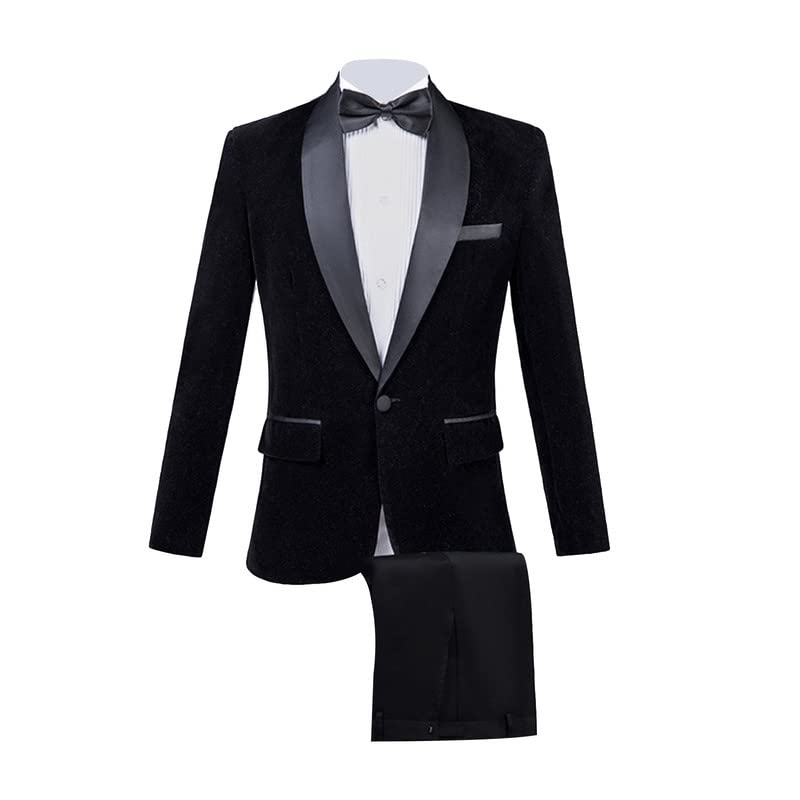 Men's 2 Piece Suits Velvet Blazer Shawl Lapel Solid Tuxedo Slim Fit Stylish（Jacket Pants）