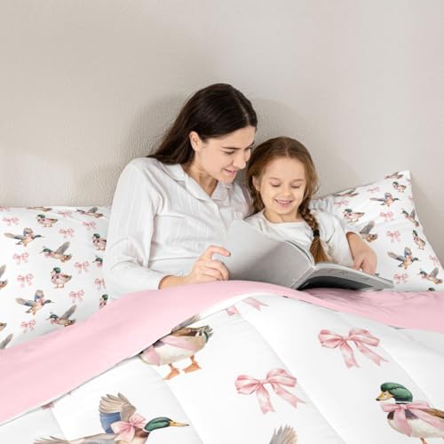 Image of Feelyou Bow Mallard Duck Pink Bedding Set Full Size,Hunting Duck Bowknot Girly Comforter Set for Kids Teens Room Decor Farmhouse Rustic Quilt