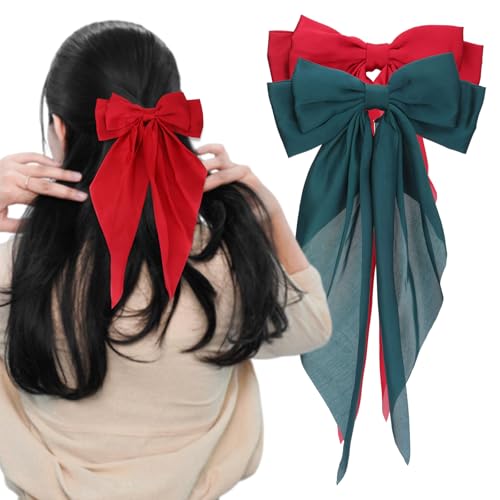 2Pcs Christmas Hair Bows Clip, Red Green Barrettes for Girls 4-6 Women Little Girl Accessories, Coquette Ties Big Cute Pack
