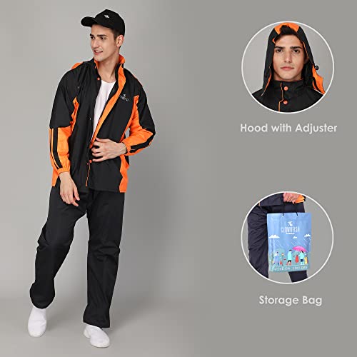 Image of THE CLOWNFISH Solomon Series Men's Waterproof Polyester Double Coating Reversible Raincoat with Hood and Reflector Logo at Back. Set of Top Bottom. Printed Plastic Pouch Rope