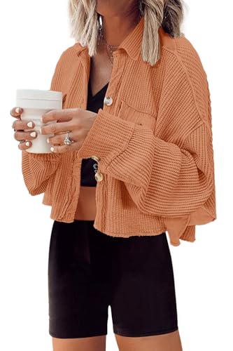 Image of Panadila Women's Cropped Waffle Knit Shacket Short Button Down Jacket Batwing Sleeve Shirts with Pocket