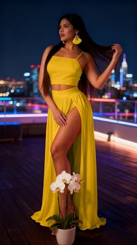 Image of Women Sexy 2 Piece Outfits Dress Chiffon Strap Deep V Neck Bra Crop Top High Split Maxi Dresses Skirt Set