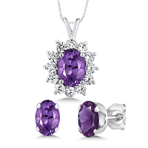 Gem Stone King Sterling Silver Oval Purple Amethyst Pendant & Earrings Set (3.00 cttw, Gemstone Birthstone with 18 Inch Silver Chain)