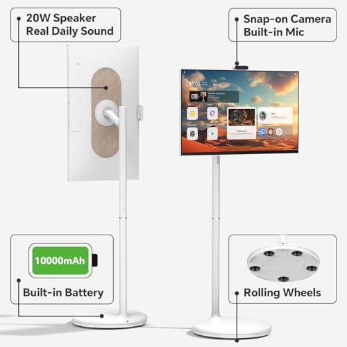 Image of 32 inch 2K Smart Portable TV on Wheels | Rolling TV, Anti-Glare Touchscreen Monitor, Rechargeable Battery, Full Swivel Rotation, 20W Speakers