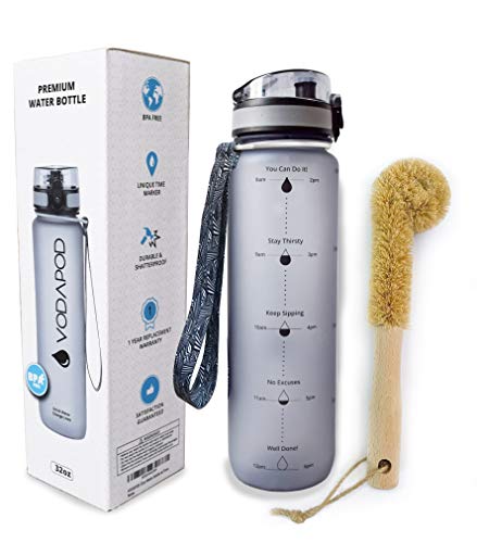 VODAPOD Motivational Water Bottle with Time Marker | 32oz Daily Water Intake Bottle