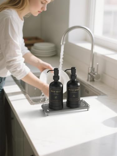 Luxspire Seifenspender Set, Handseifenspender mit Ersatz-Pumpenköpfen, 500ml Glas Nachfüllbare Flüssigkeitsflasche für Bad & Küche, Küche, 2 Packungen, Schwarz + Dunkelgrau 6
