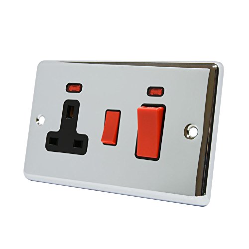 cpccc2nbl 2-Gang 45 A klassischen Chrom poliert schwarz Einsatz Herd Schalter mit 13 A Schalter Steckdose und Neon Indikatoren