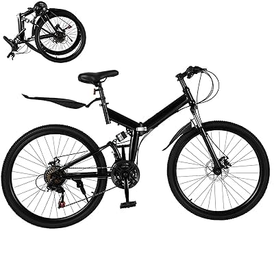 YEITBY 26 Inch Folding Mountain Bike, 21 Speed Dual Suspension MTB, High Carbon Steel Frame, Front and Rear Mechanical Disc Brakes, Mudguards, Adult Bicycle for Men Women 5.25-5.6ft Tall