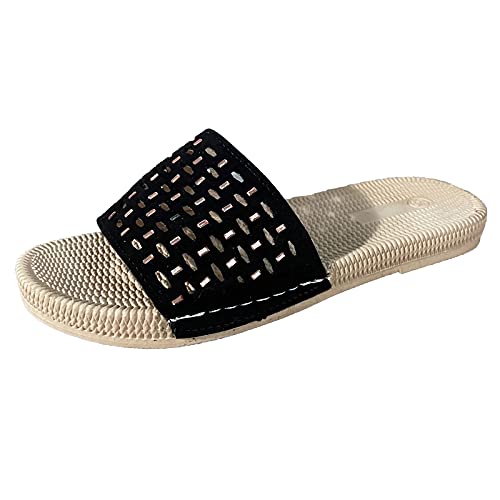 Hollow Rhinestone Women's Shoes Beach Slip On Slippers Crystal Flat Ladies Women's Slippers for Women Booties Hard Sole (Black, 9)