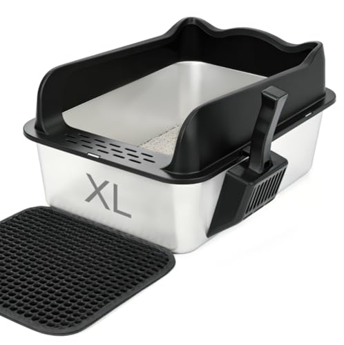 TDHZXEM Katzenklo Edelstahl Katzentoilette mit Schaufel und Streumatte Katzenklo Edelstahl Kratzfest antihaftbeschichtet geruchsresistent rutschf (XL)