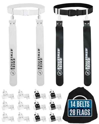 Excel Athletics Adjustable Flag Football Set Youth, Kids & Adult with 14 Player Belts & 28 Football Flags (Black & White)
