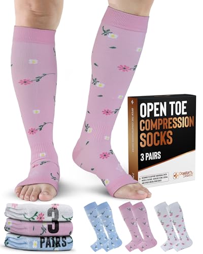 Doctors Select 3 Pairs Copper Toeless Compression Socks Women & Men - 20-30 mmHg Open Toe Compression Socks Women Knee High Flowers
