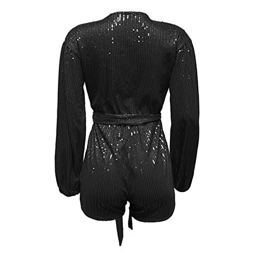 SLENDIPLUS Macacão feminino de manga comprida com lantejoulas e gola V slim fit body de festa sexy c