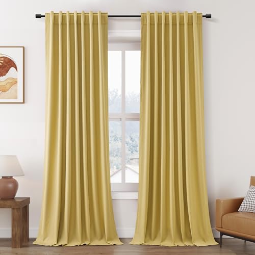 Image of Gold 100% Blackout Linen Curtains for Bedroom 90 Inches Long Back Tab Thermal Insulated Modern Farmhouse Decor Black Out Curtain for Living Room Dining Room Rod Pocket Drapes 52x90, 2 Panels