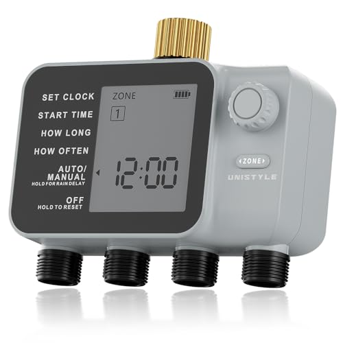 [All-New 2027] 4 Zone Sprinkler Timer with Brass Inlet Unistyle 4 Outlet Programmable Water Timer for Garden Hose with Rain Delay Manual Watering Automatic Irrigation Hose Timers for Yard Lawn Patio