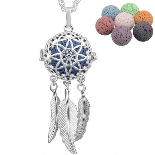 INFUSEU Collier Diffuseur Huile Essentielle, Argent Plaque Aromathérapie Pendentif Atrappe Reve Aromatherapie Fantaisie Diffuseur Parfum Collier Attrape Femme