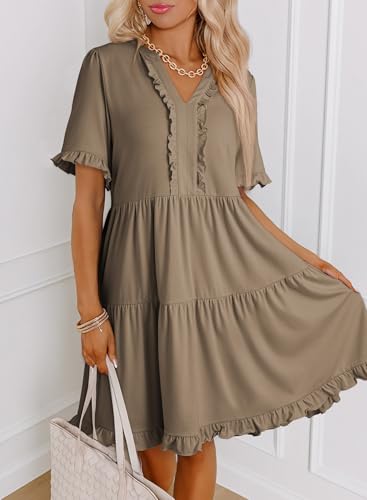Image of Dokotoo Womens Summer Dresses 2026 V Neck A Line Short Sleeve Casual Ruffle Babydoll Mini Dress