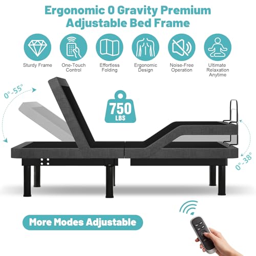 Image of Vipbear Premium Ergonomic Smart TXL Adjustable Bed Frame with Massage, Zero Gravity, Wireless Remote & Head-Foot Incline & USB Charging & Height Adjustable, Black