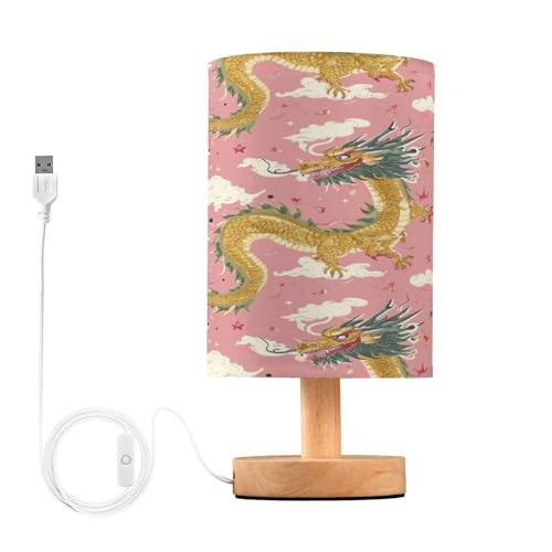 SDMKA Dragons Pink Bedside Table Lamp for Bedroom, Minimalist Nightstand Lamp with Round Fabric Shade for Living Room, Office, No Bulb Required