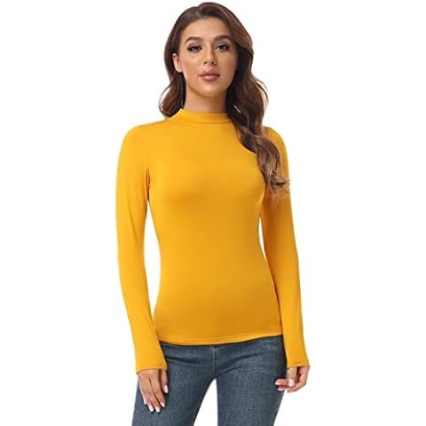 Women's Turtleneck Long Sleeve Shirts Mock Neck Slim Fitted Casual Pullovers Underscrubs Layer Tee Tops Mustard X-Large Cover