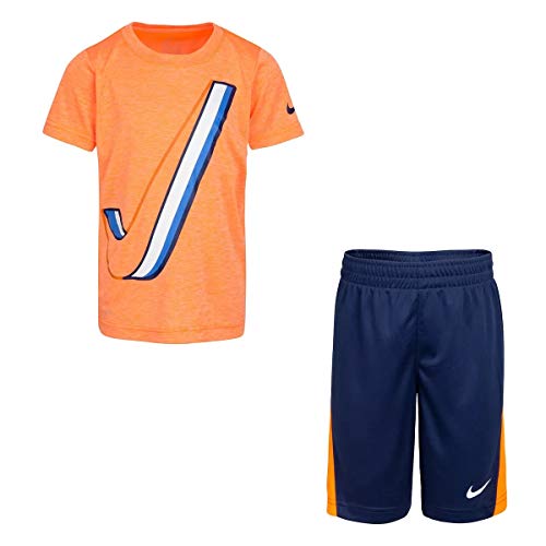 Image of Nike Boy`s Dri Fit Logo Graphic Shirt & Shorts 2 Piece Set (Midnight Navy(86G406-U90) /Orange, 7)