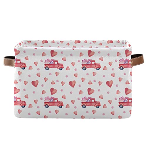 Image of Happy Valentine's Day Storage Basket Fabric Laundry Baskets Love Heart Pickup Truck Car Storage Boxes Organizer Bag for Baby Cloth Dog Toy Book Storage Cubes Shelf Closet Bins 16x12x8 Inches